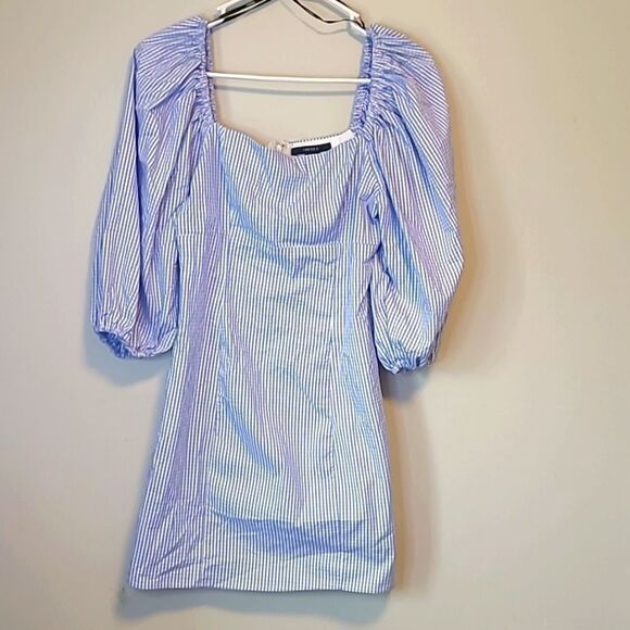 🌴BLUE AND WHITE PLAID WESTERN PUFF SHOULDER MINI DRESS 👗 Rodeo Princess  🤠👸 - Picture 1 of 3